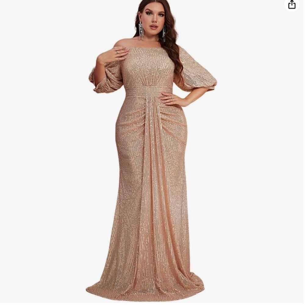 Giffniseti Plus Size Off Shoulder Puff Sleeve Sequin Evening Dress (Gold, 3XL)